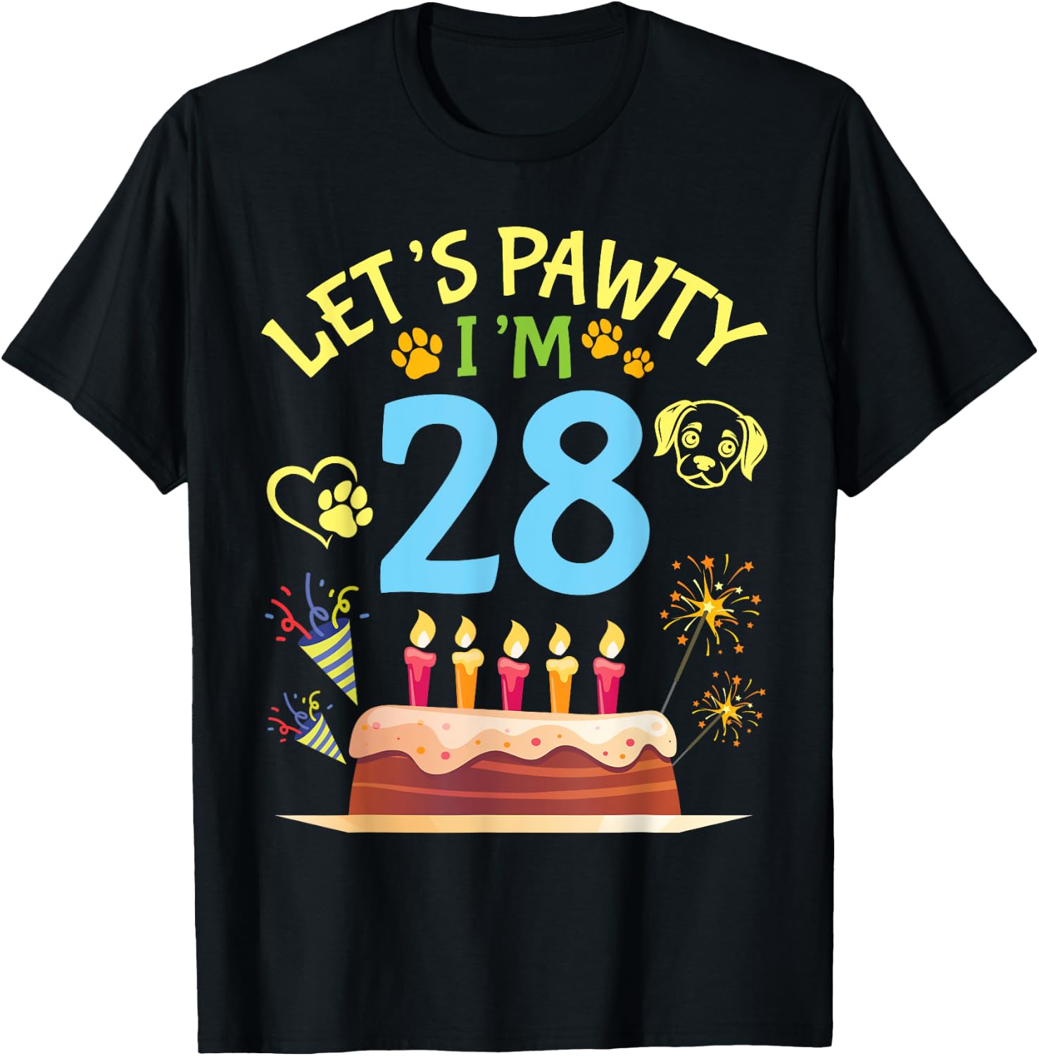 Big Cake Fireworks Dog Face Paw Let's Pawty I'm 28 Years Old T-Shirt - T-Shirt | Black