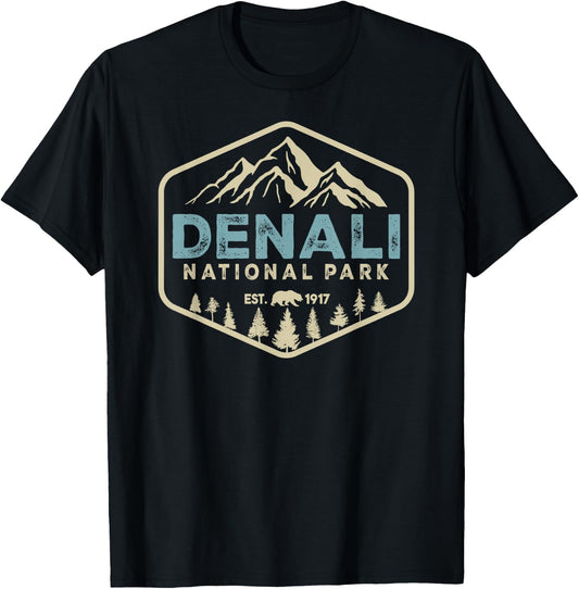 Retro Denali National Park mountains Nature Vintage Hiking T-Shirt - T-Shirt | Black