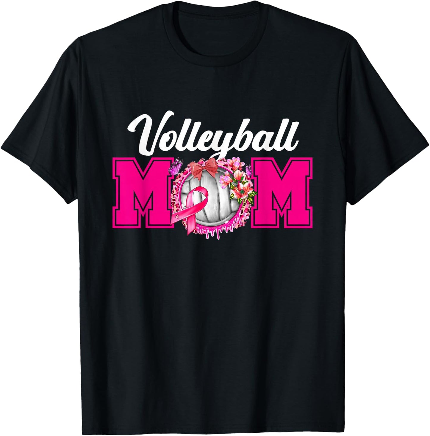 Volleyball Mom Pink Ribbon Breast Cancer Fighter Sport Fan T-Shirt - T-Shirt | Black