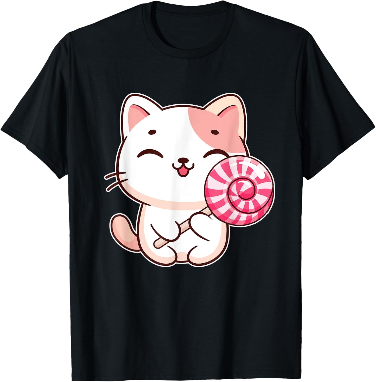 Kawaii Cat With Lollipop - Lollipop Candy Lovers Sweets T-Shirt - T-Shirt | Black