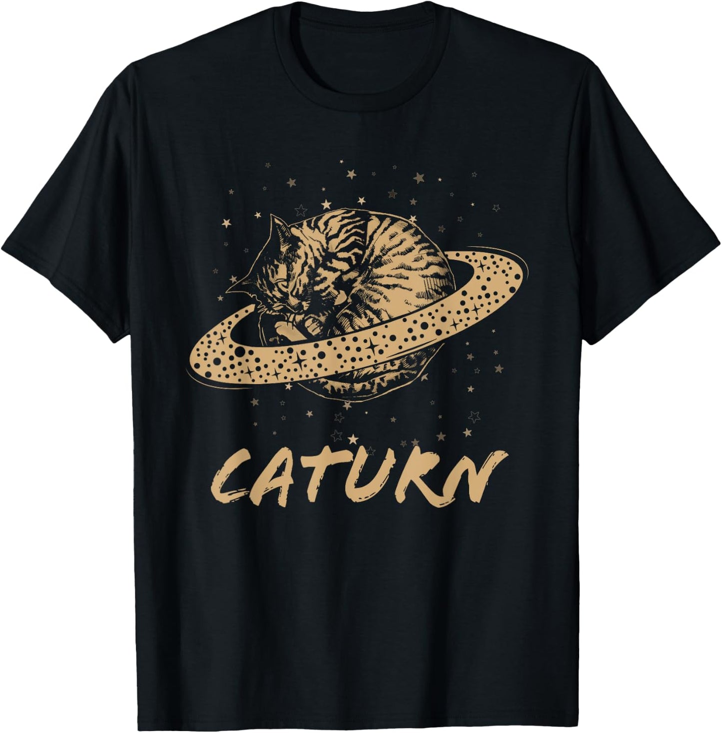 Cat Staring at Planet Saturn Retro Science Caturn Astrology T-Shirt - T-Shirt | Black