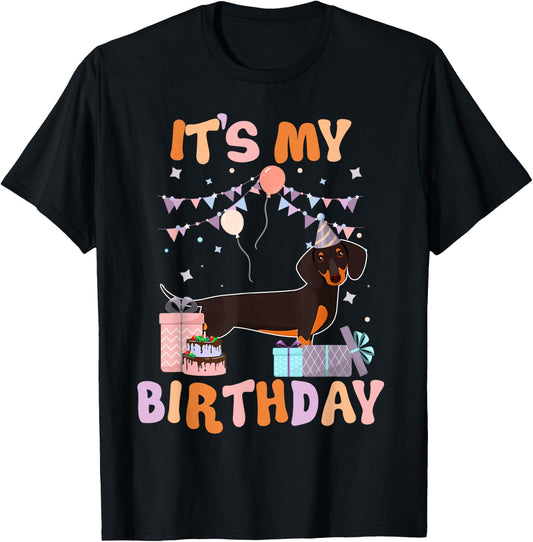 Its My Birthday Dachshund Dog Funny Birthday Party Dog Lover T-Shirt - T-Shirt | Black