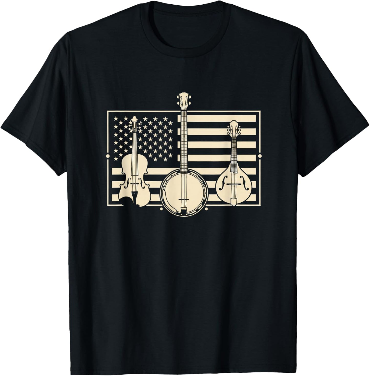 USA Americana Bluegrass Flag - Banjo Mandolin Fiddle Patriot T-Shirt - T-Shirt | Black