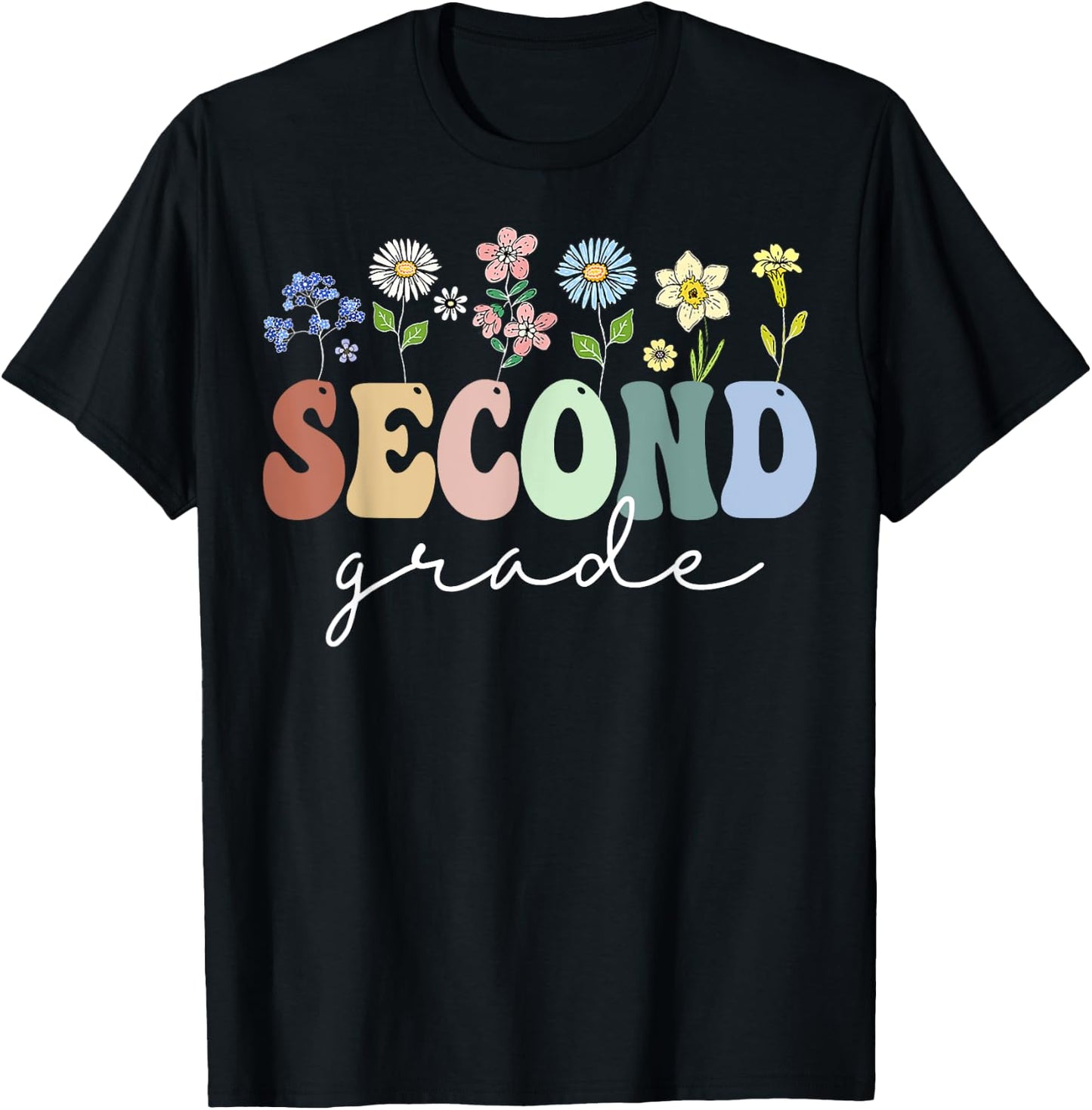 2nd Grade Wildflower Floral Back To School Gift Teachers Women Girls Kids T-Shirt - T-Shirt | Black