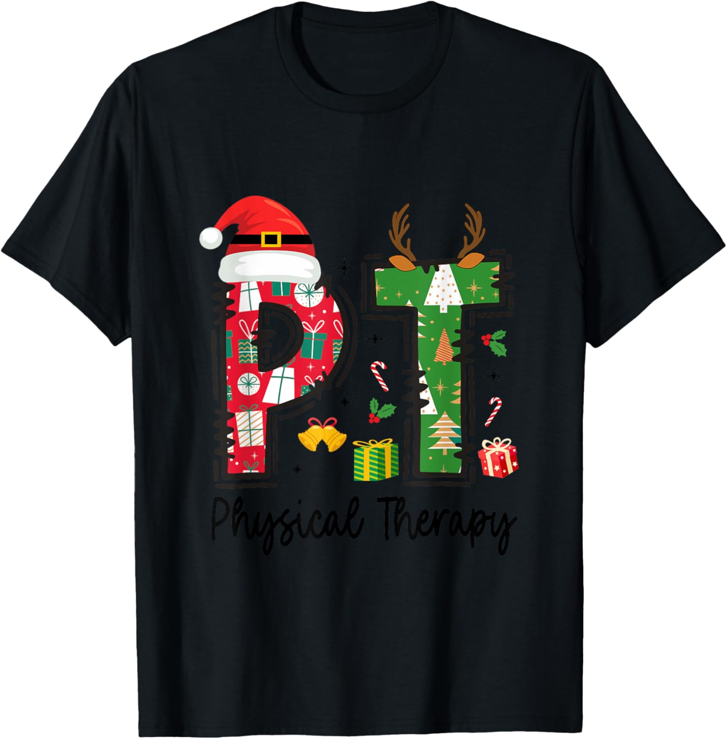 Christmas Physical Therapy Ls -Adults Grey Small Classic Fit Short Sleeve Graphic Cartoon Holiday Physical Therapy Therapist Xmas T-Shirt - T-Shirt | Black