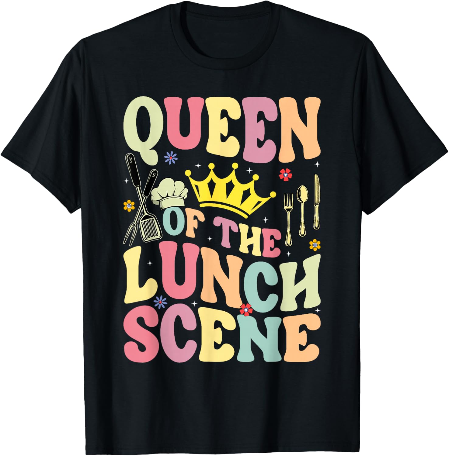 Queen Of The Lunch Scene Groovy Cafeteria Worker Lunch Lady T-Shirt - T-Shirt | Black