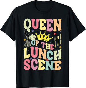 Queen Of The Lunch Scene Groovy Cafeteria Worker Lunch Lady T-Shirt - T-Shirt | Black
