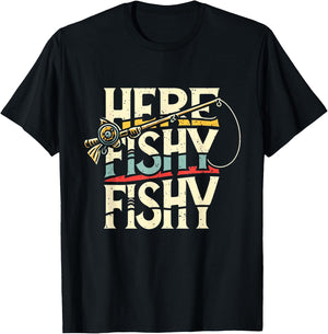 Here Fishy Funny Fish Fishing T-Shirt - T-Shirt | Black