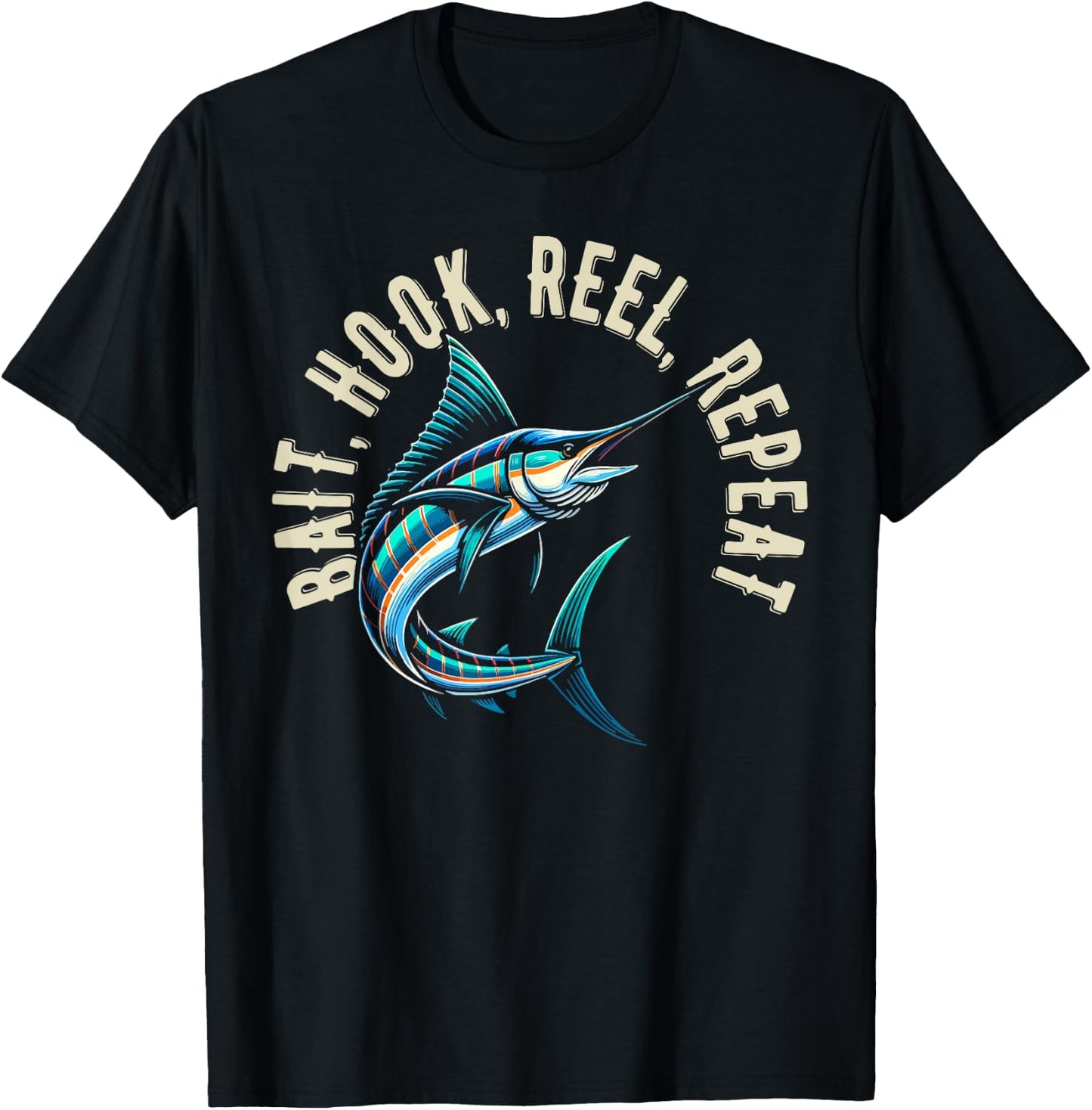 Bait Hook Reel Repeat Big Fish Jumping Fishing Design T-Shirt - T-Shirt | Black