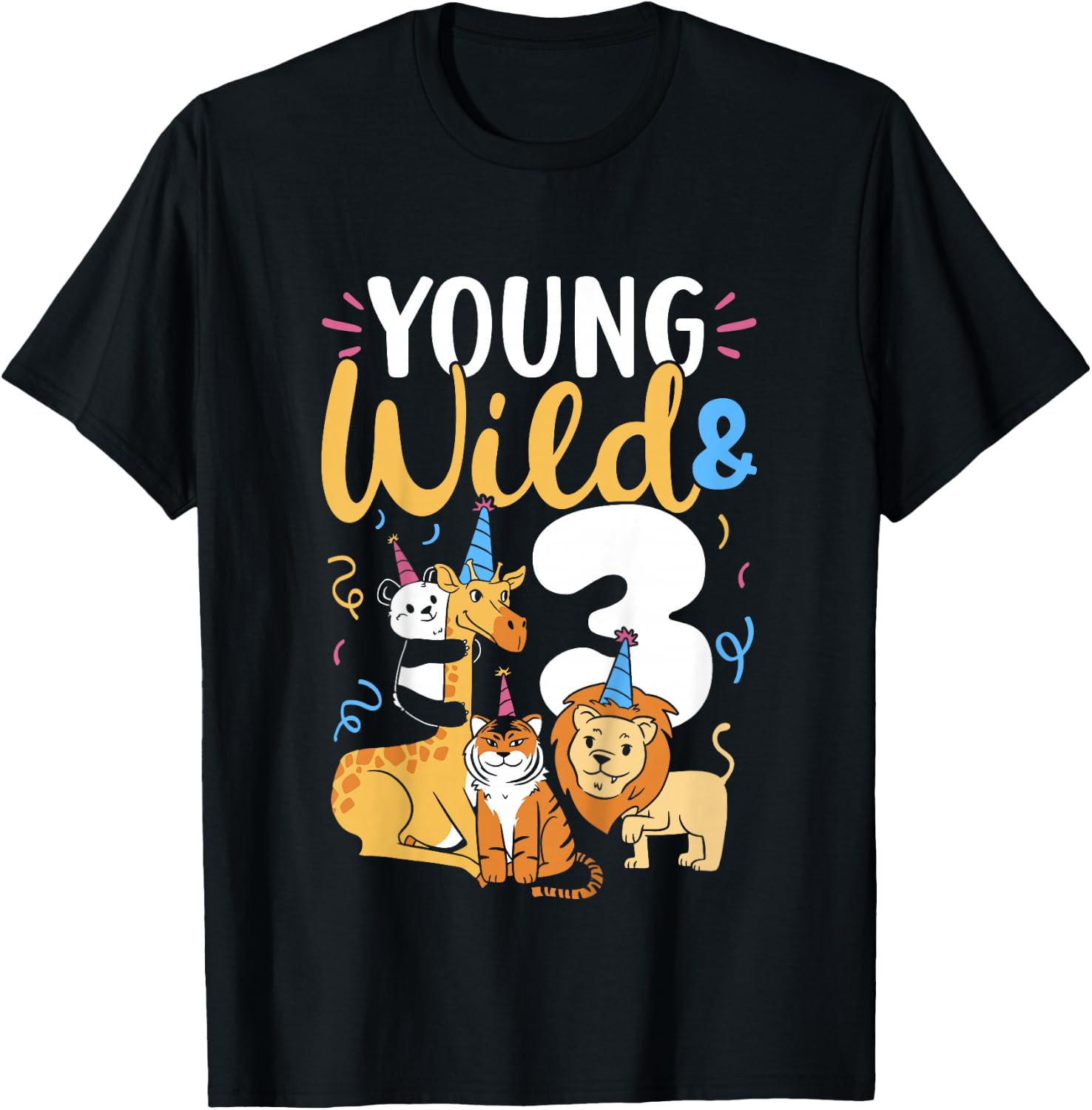 Young Wild And 3 Safari Zoo Animal Jungle 3rd Birthday T-Shirt - T-Shirt | Black