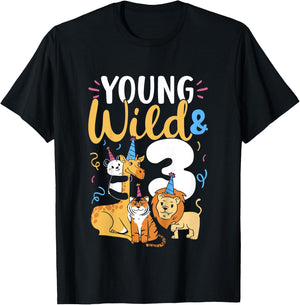 Young Wild And 3 Safari Zoo Animal Jungle 3rd Birthday T-Shirt - T-Shirt | Black