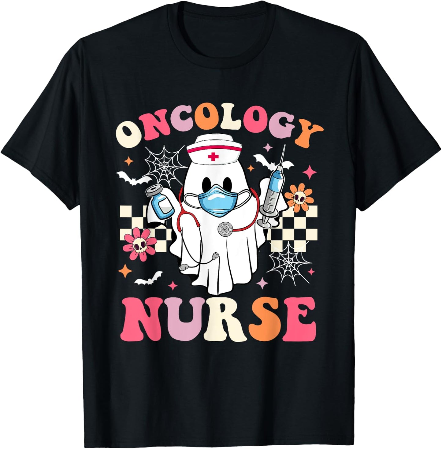 Spooky Oncology Nurse Ghost Halloween Cute Groovy Nursing T-Shirt - T-Shirt | Black