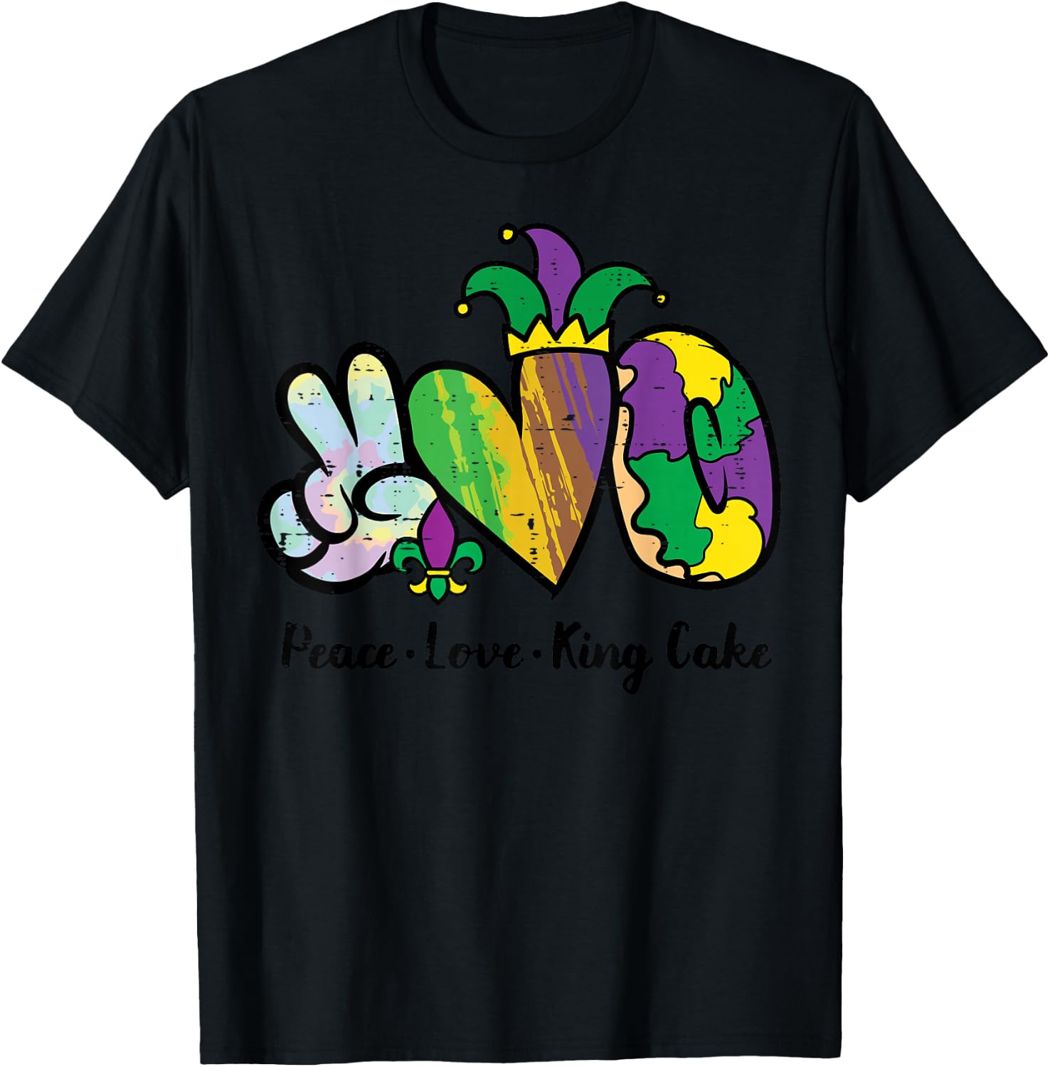 Mardi Gras Peace Love King Cake Funny Food Women Men Kids T-Shirt - T-Shirt | Black