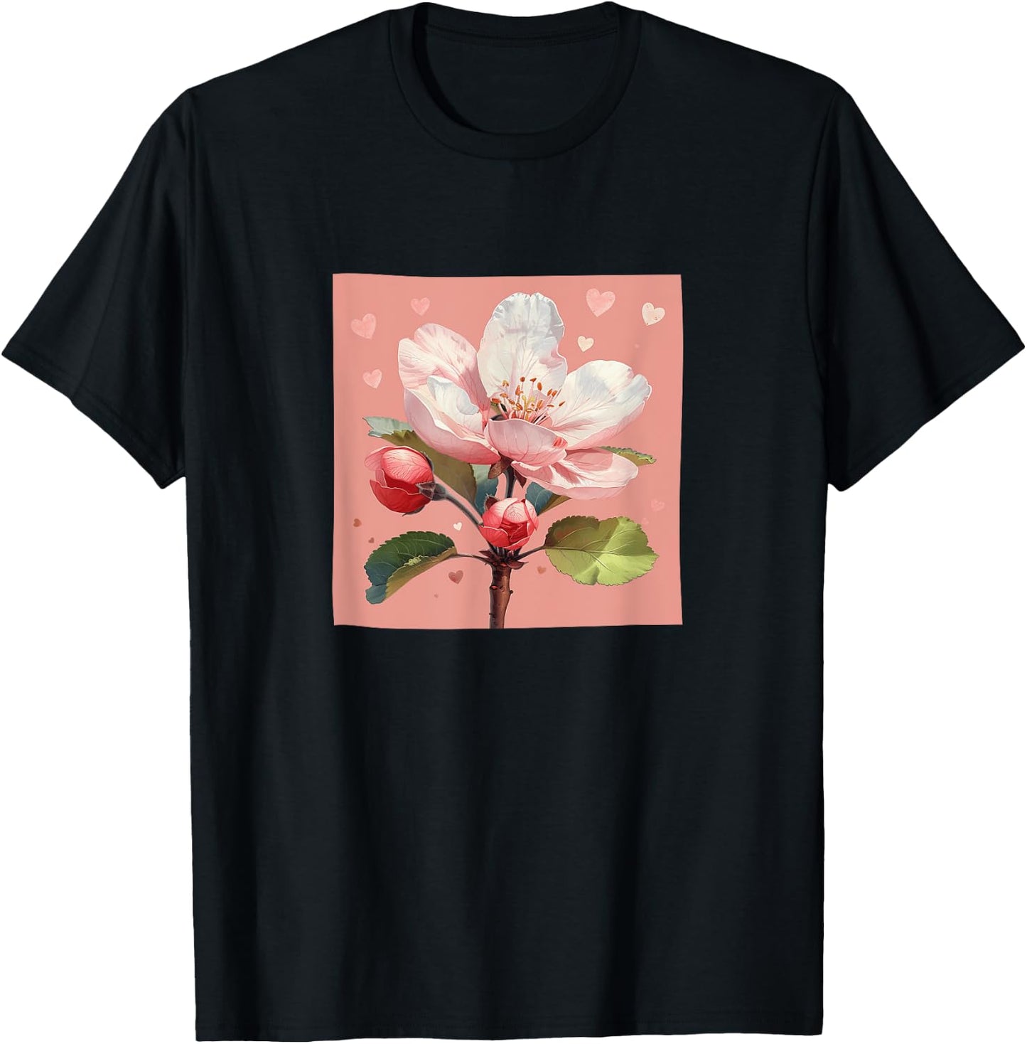 Apple Blossom Flower With Hearts Around Boho Style Graphic T-Shirt - T-Shirt | Black