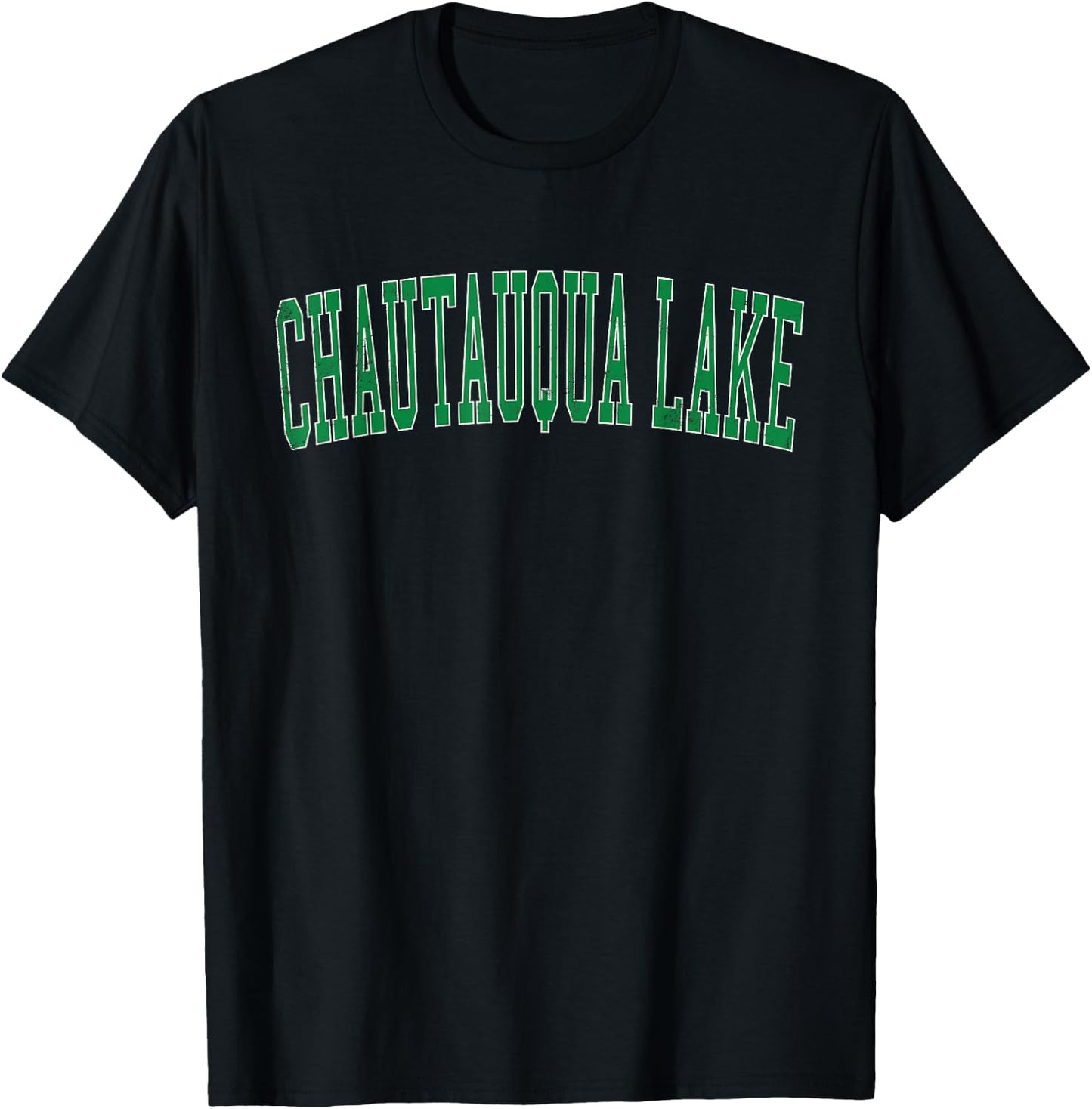 Vintage Chautauqua Lake Distressed Green Varsity Style T-Shirt - T-Shirt | Black