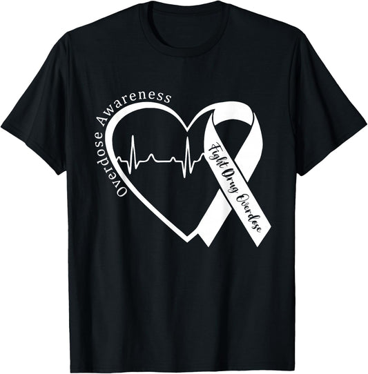 Overdose Awareness Month Heart Purple Ribbon Support T-Shirt - T-Shirt | Black