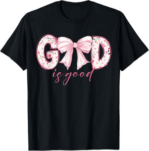 God Is Good Pink Coquette Bow Bible Verse T-Shirt - T-Shirt | Black