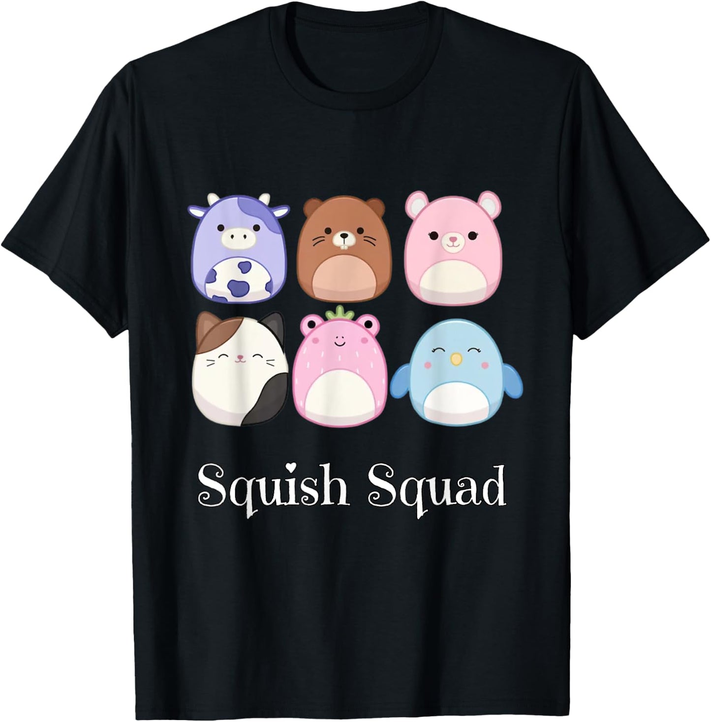 Squish Mallow Squad! Cow, Cat, Bird Stuffed Animal Plush Toy T-Shirt - T-Shirt | Black