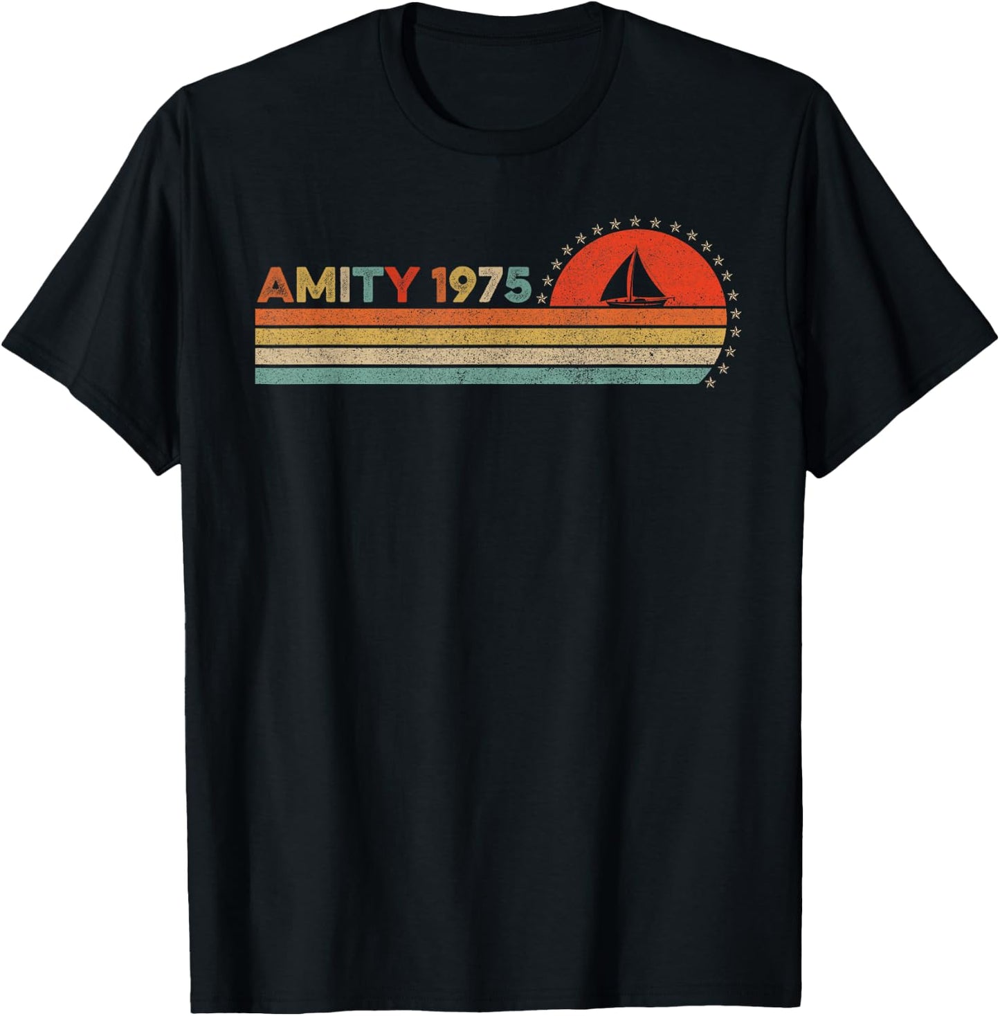 Vintage Amity 1975 Sunset Retro - Sailboat Sunrise Summer T-Shirt - T-Shirt | Black