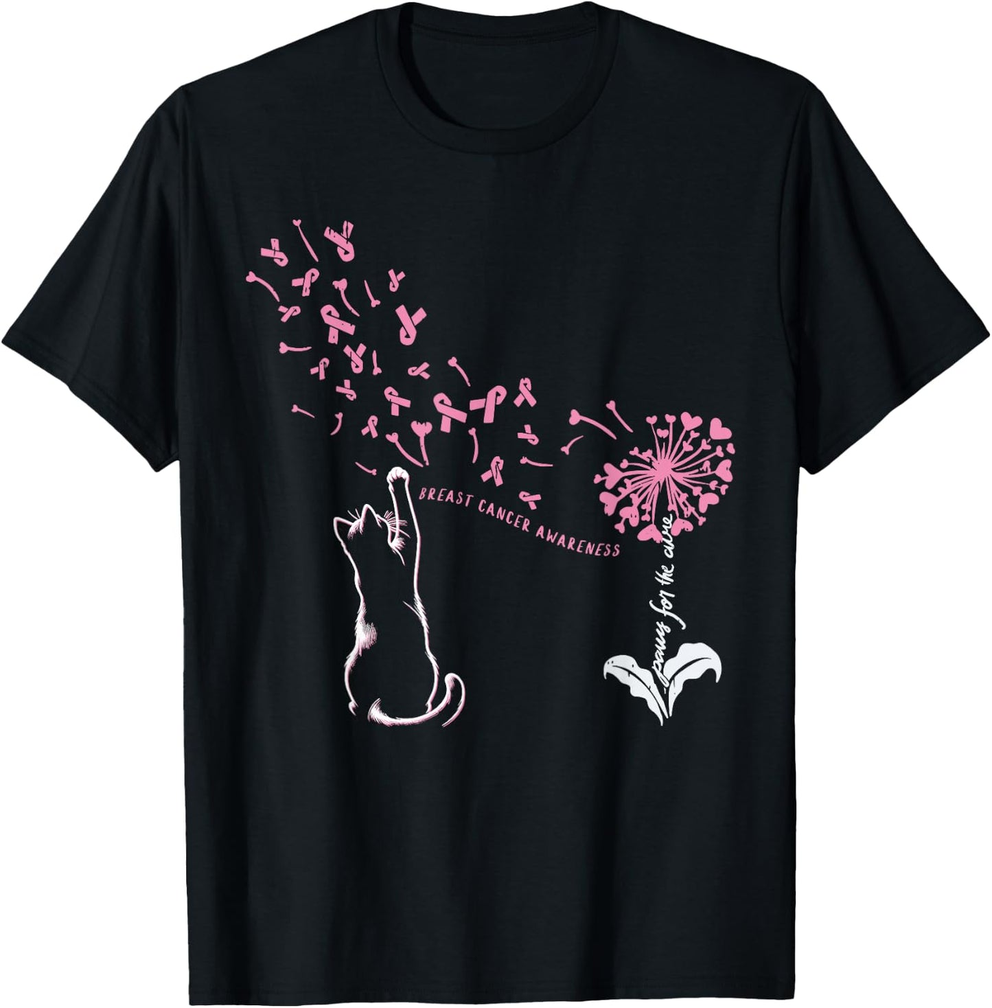Cat Paw For Cure Support Breast Cancer Awareness Dandelion T-Shirt - T-Shirt | Black