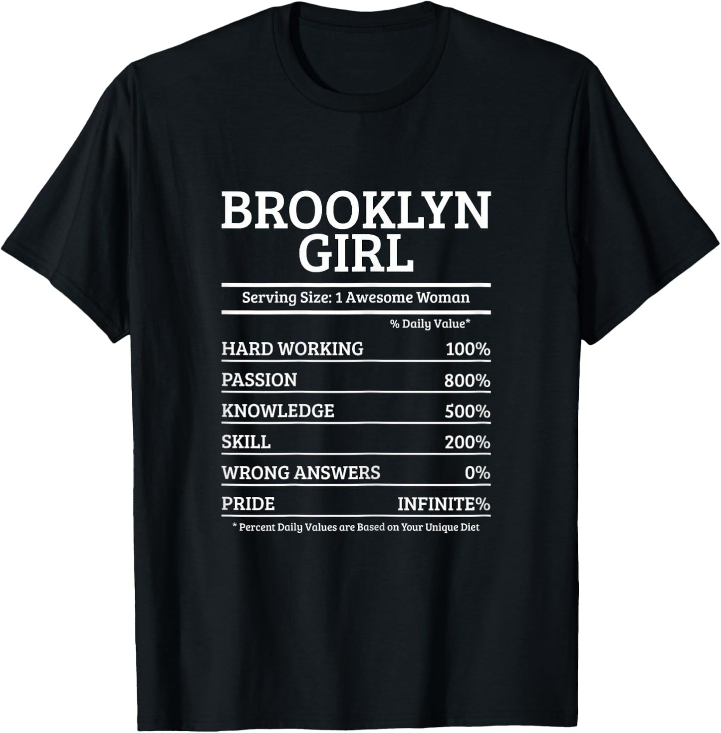 Brooklyn NYC New York NY Nutrition Facts Funny Girls T-Shirt - T-Shirt | Black