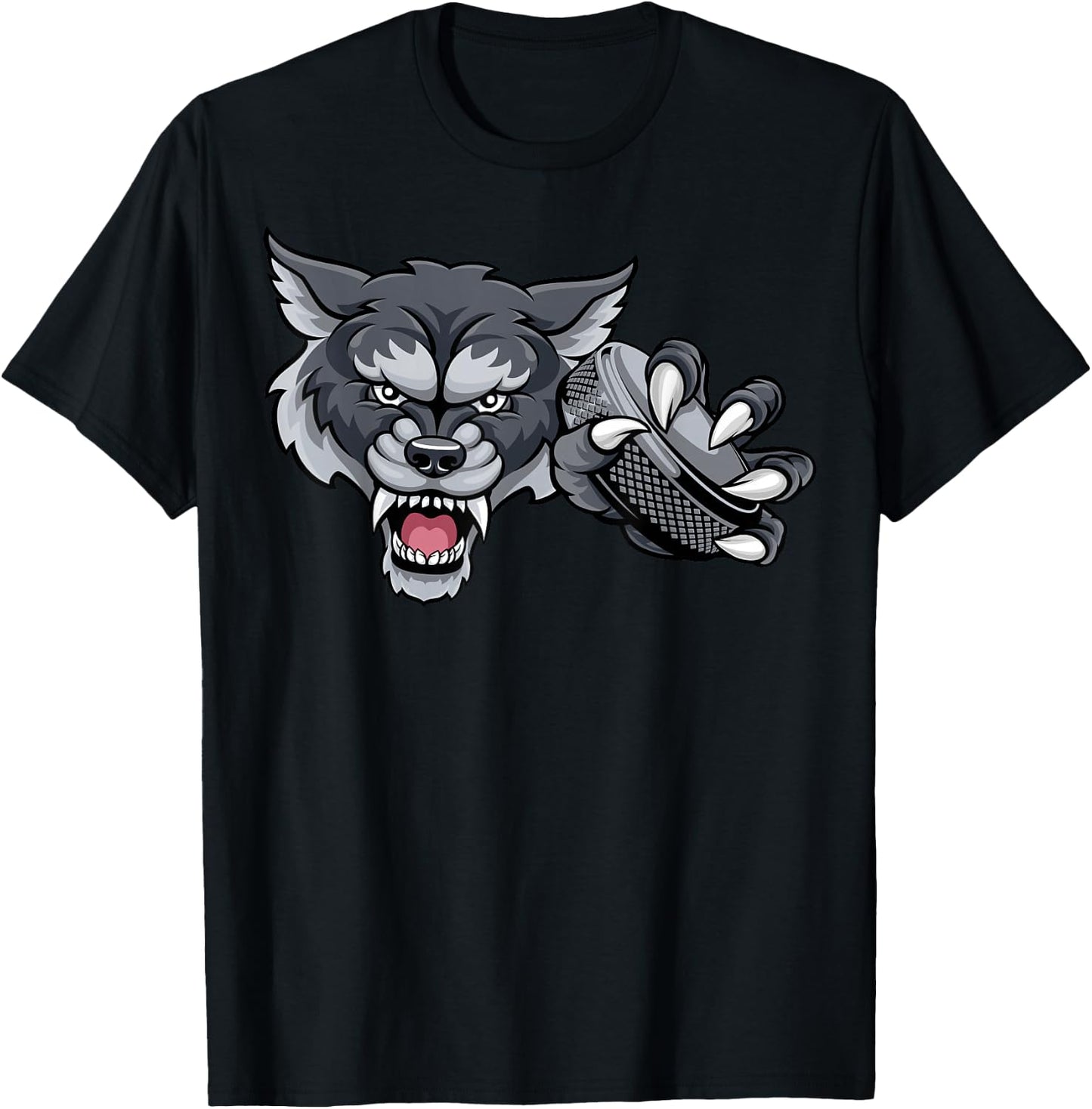 Wolf Cartoon Sports Wolves Team Mascot Holding Hockey Puck T-Shirt - T-Shirt | Black