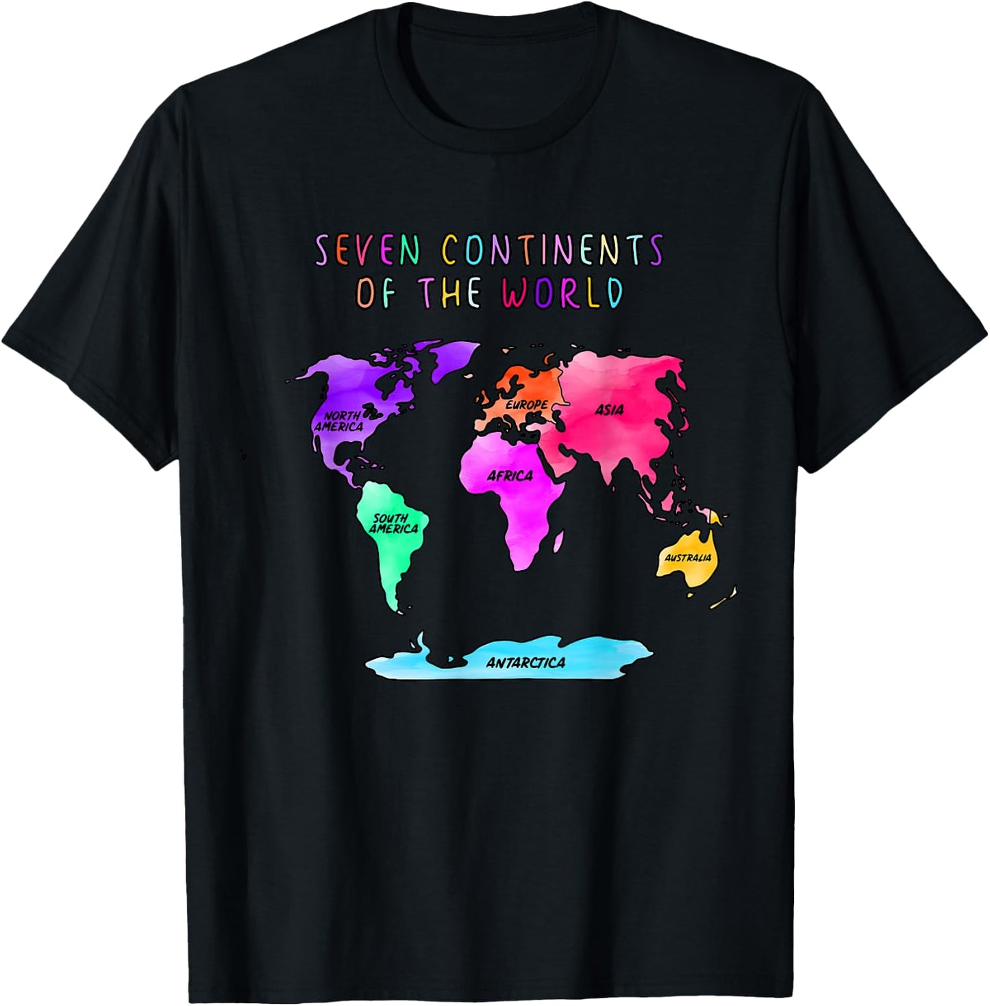 Simplified, watercolor world map, names of the continents T-Shirt - T-Shirt | Black