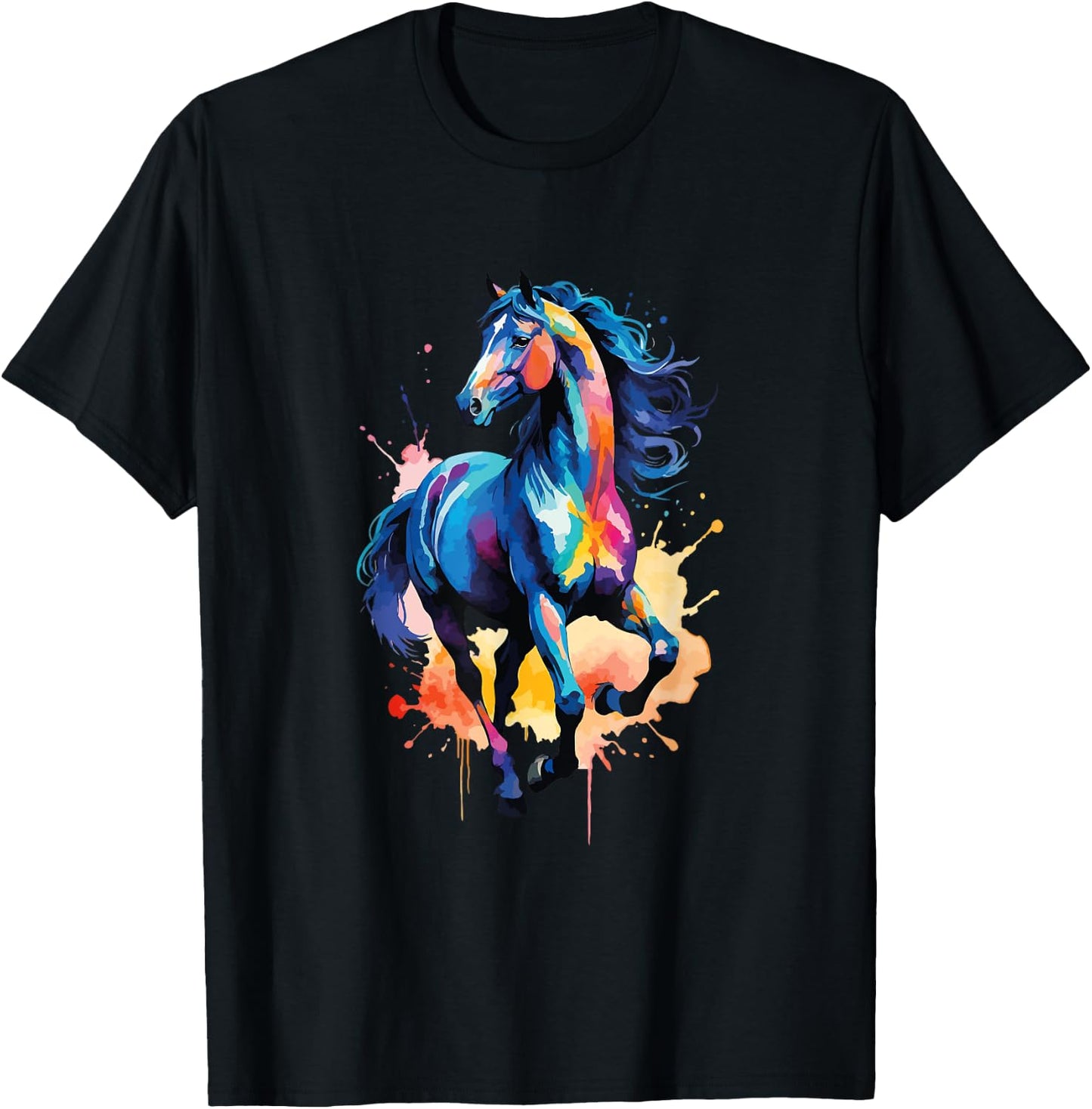 Colorful Horse Graphic Watercolor Style Horse Riding T-Shirt - T-Shirt | Black