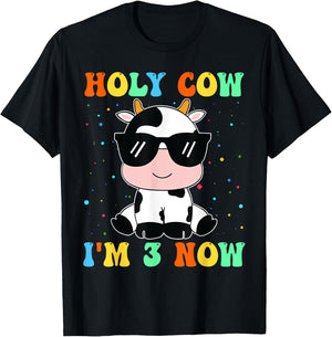 Kids Holy Cow I'm Two 3 Years Old 3rd Birthday Boy Girl T-Shirt - T-Shirt | Black