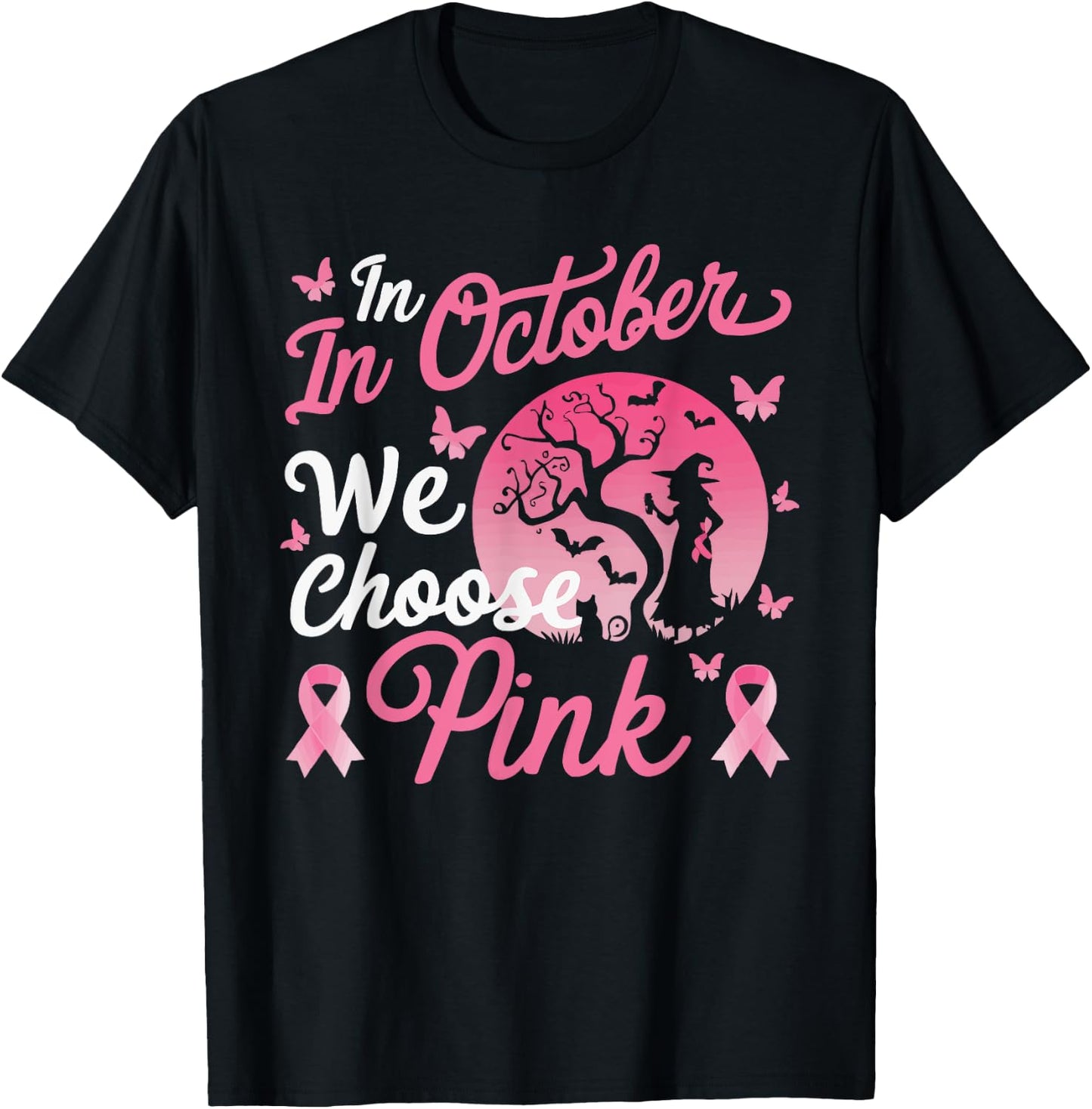 Halloween Breast Cancer Awareness Month Pink Ribbon T-Shirt - T-Shirt | Black
