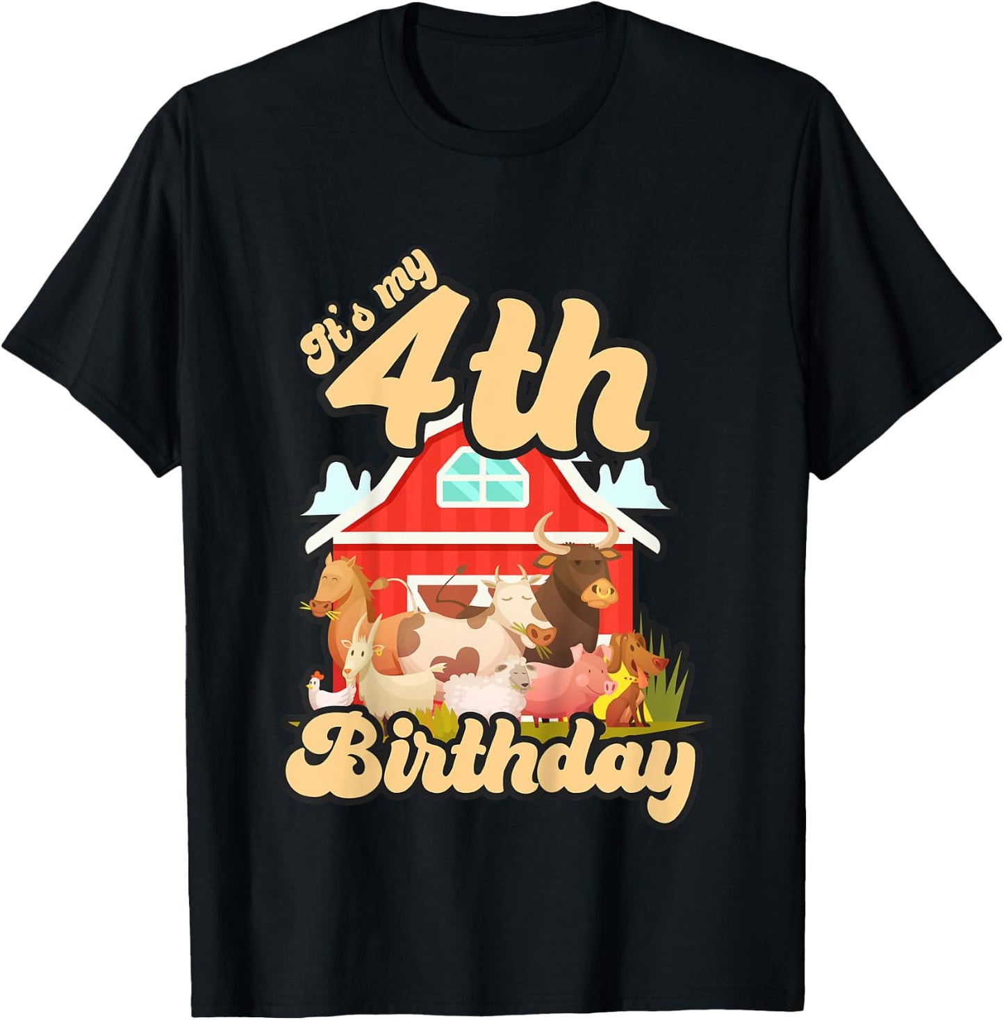 4th Birthday Shirt Farm Animals Cow Horse Pig 4 Years Old T-Shirt - T-Shirt | Black