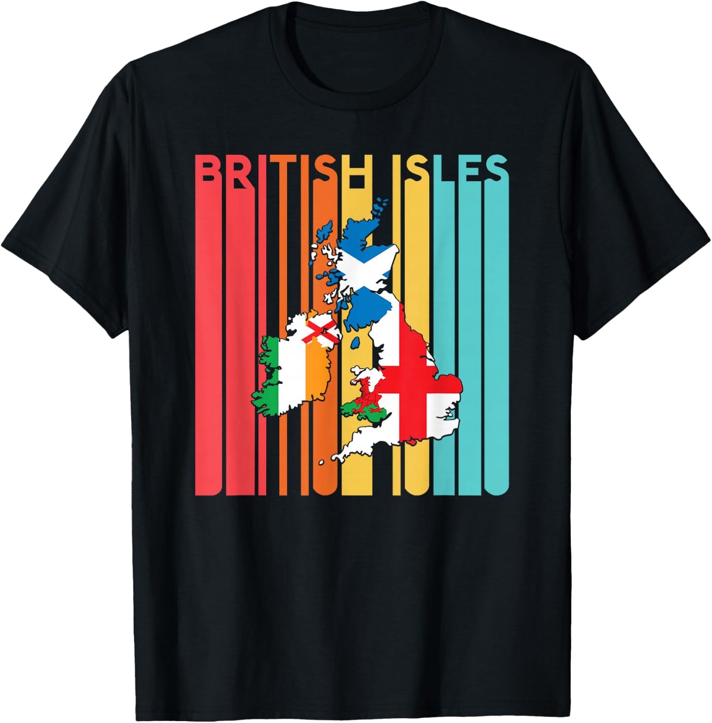 British Isles Sea Ireland Scotland Wales England Map Retro T-Shirt - T-Shirt | Black