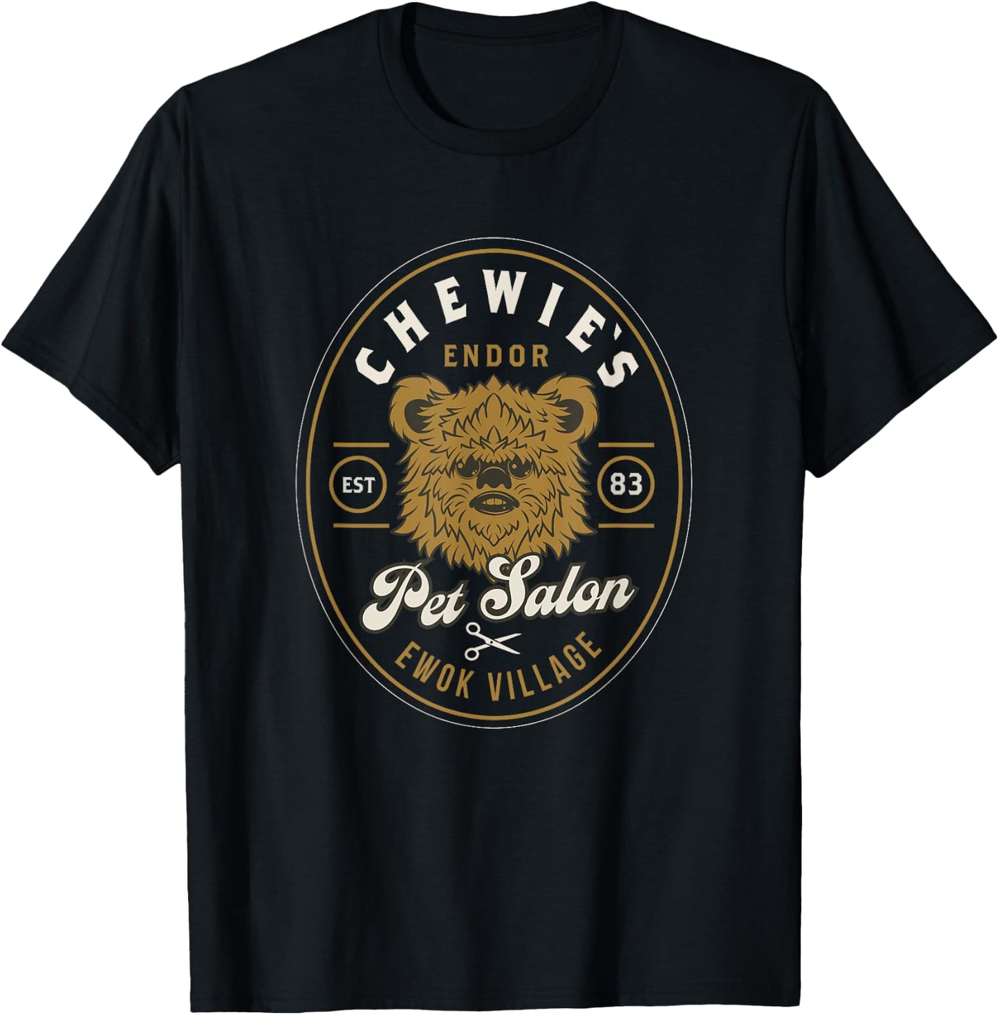 Star Wars Classic Chewie's Pet Salon Endor Ewok Village Logo T-Shirt - T-Shirt | Black