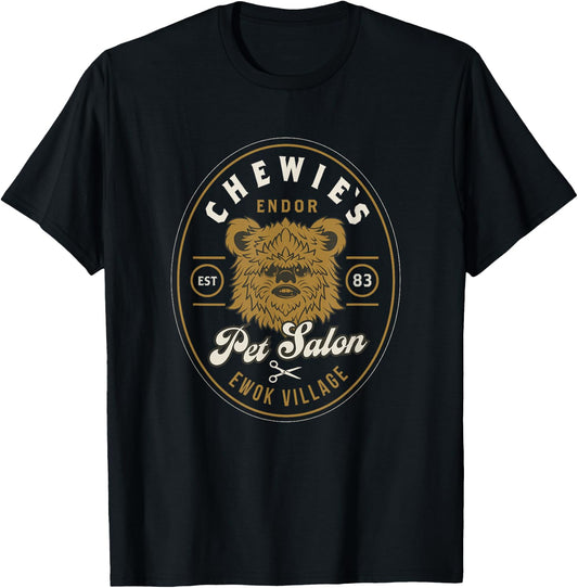 Star Wars Classic Chewie's Pet Salon Endor Ewok Village Logo T-Shirt - T-Shirt | Black