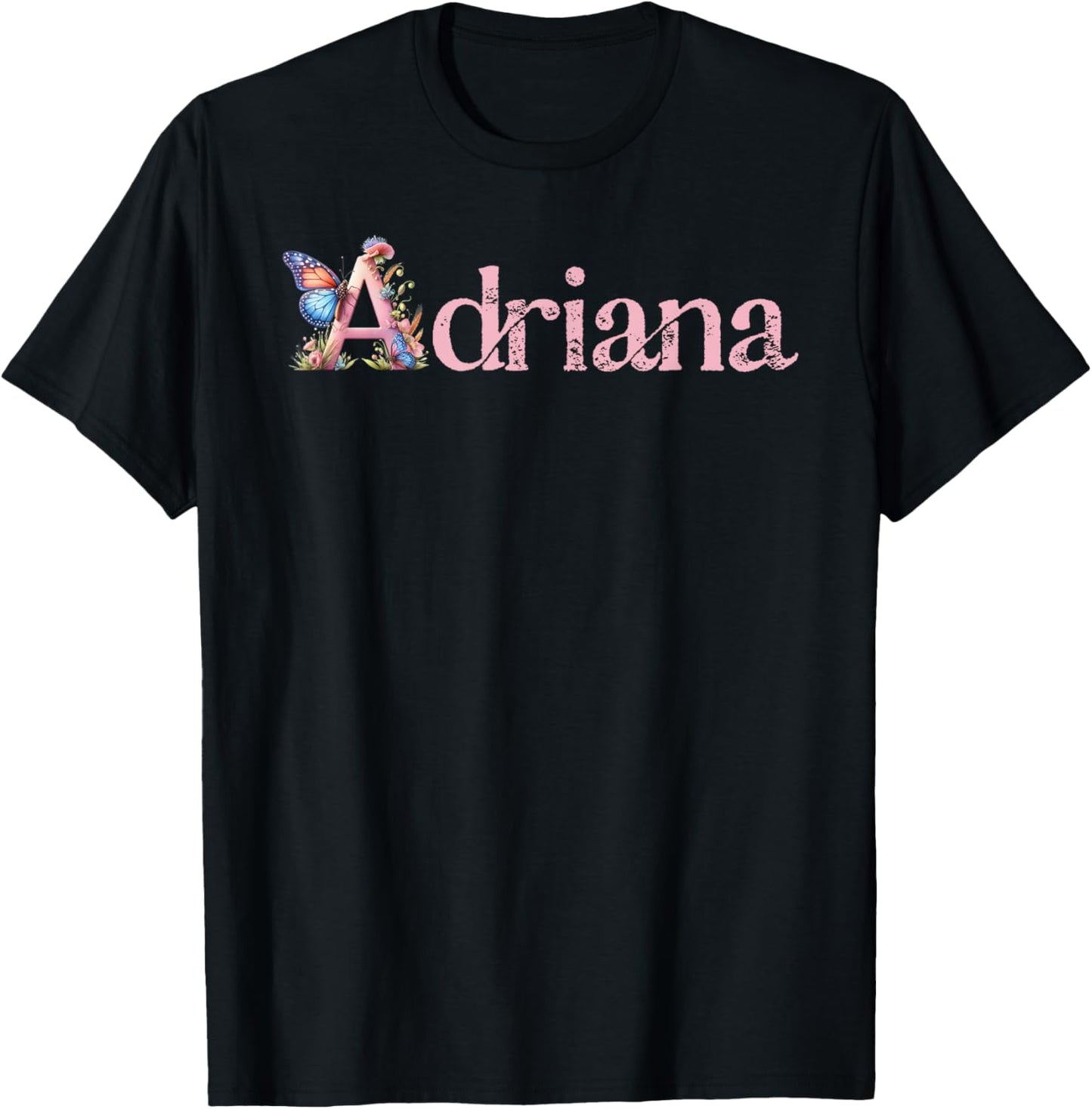 Adriana Initial A Spring Floral And Wings Name T-Shirt - T-Shirt | Black