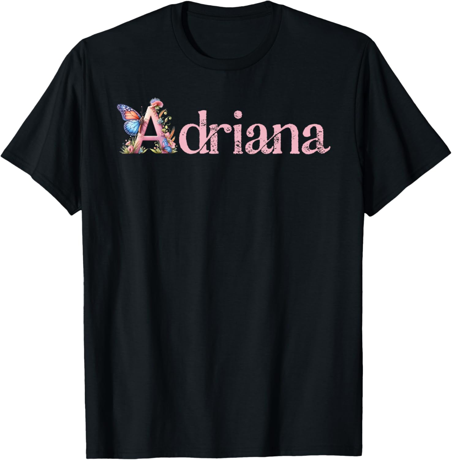 Adriana Initial A Spring Floral And Wings Name T-Shirt - T-Shirt | Black