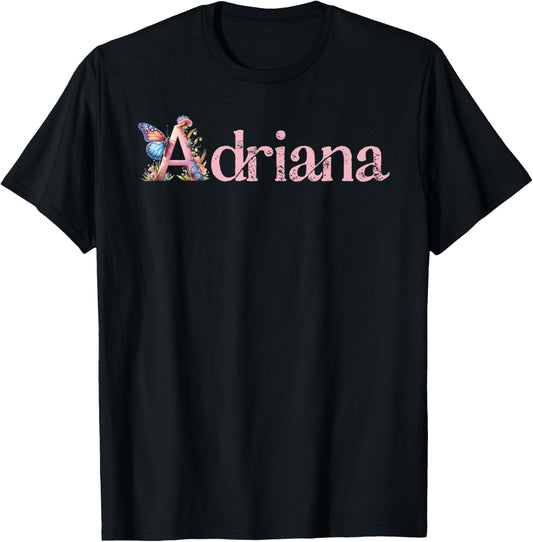 Adriana Initial A Spring Floral And Wings Name T-Shirt - T-Shirt | Black