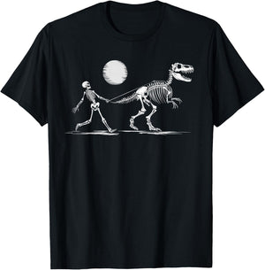 Funny Skeleton T-Rex Boys Girls Skeleton Walking a Dinosaur T-Shirt - T-Shirt | Black