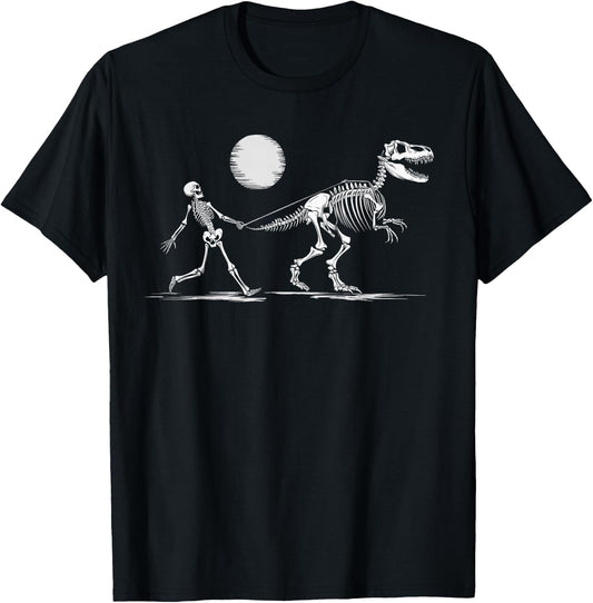 Funny Skeleton T-Rex Boys Girls Skeleton Walking a Dinosaur T-Shirt - T-Shirt | Black