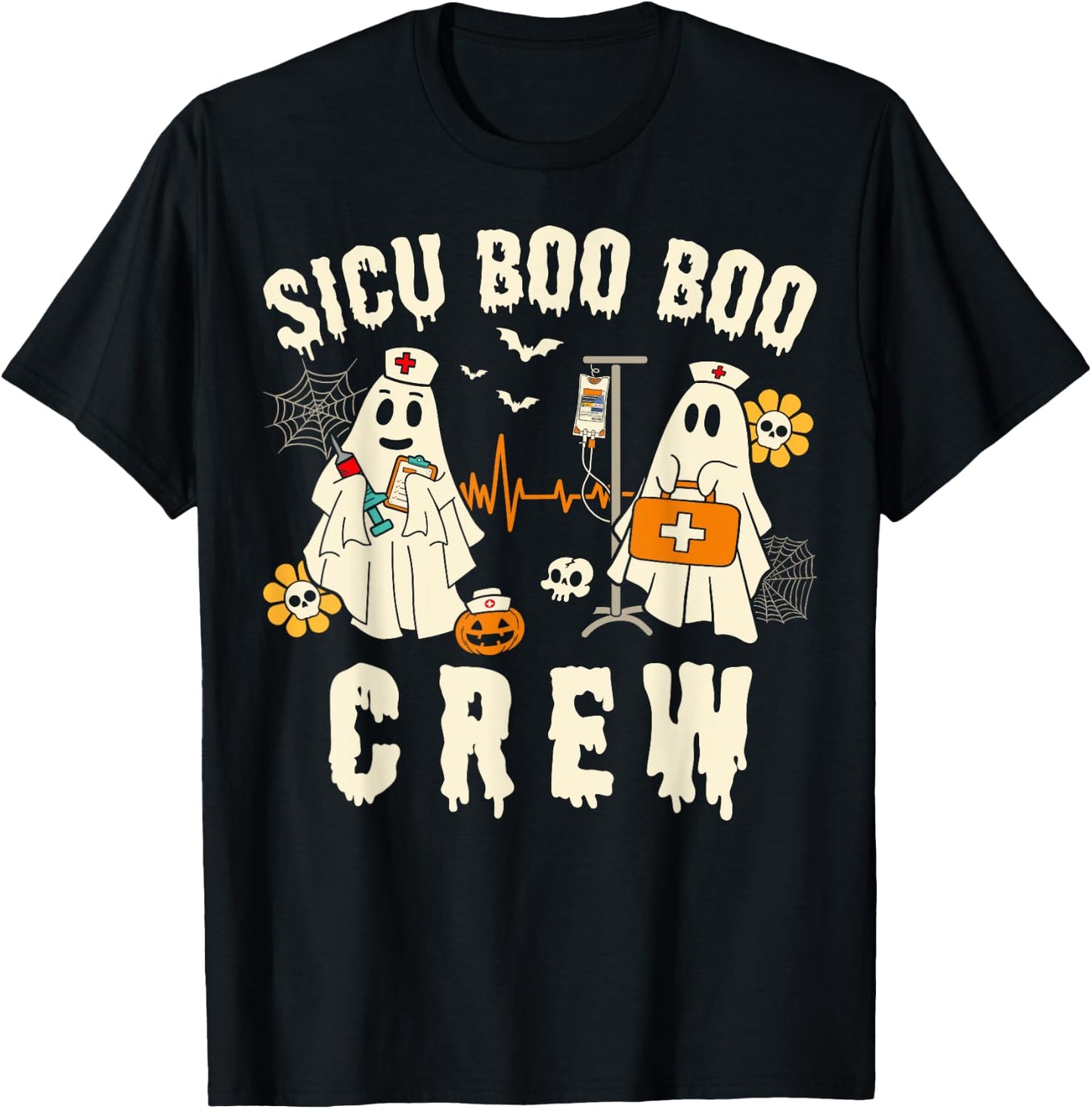 SICU Nurse Cute Health Worker Halloween Ghost Nurse T-Shirt - T-Shirt | Black