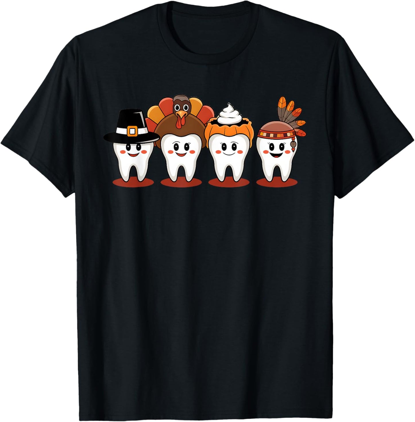 Thanksgiving Dental Tooth Characters cute Dentist turkey T-Shirt - T-Shirt | Black