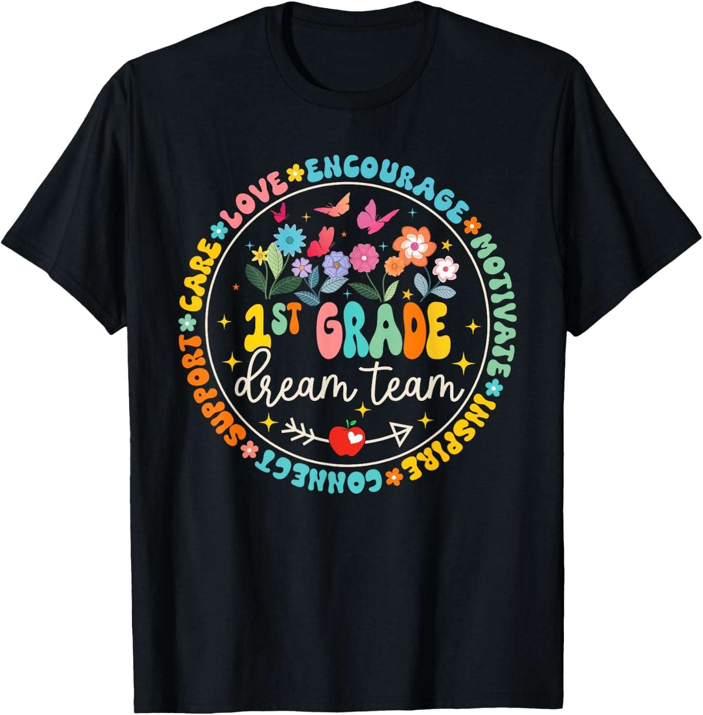 First Grade Dream Team Back To School Tour Teacher Flower T-Shirt - T-Shirt | Black