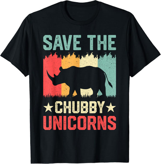 Save The Chubby Unicorns Vintage Funny Rhino Animal T-Shirt - T-Shirt | Black