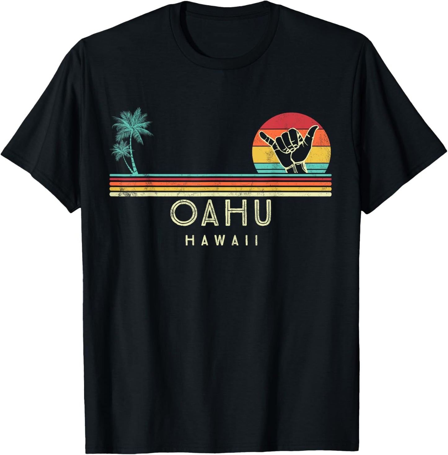 Oahu Hawaii Shaka palm trees tropical T-Shirt - T-Shirt | Black