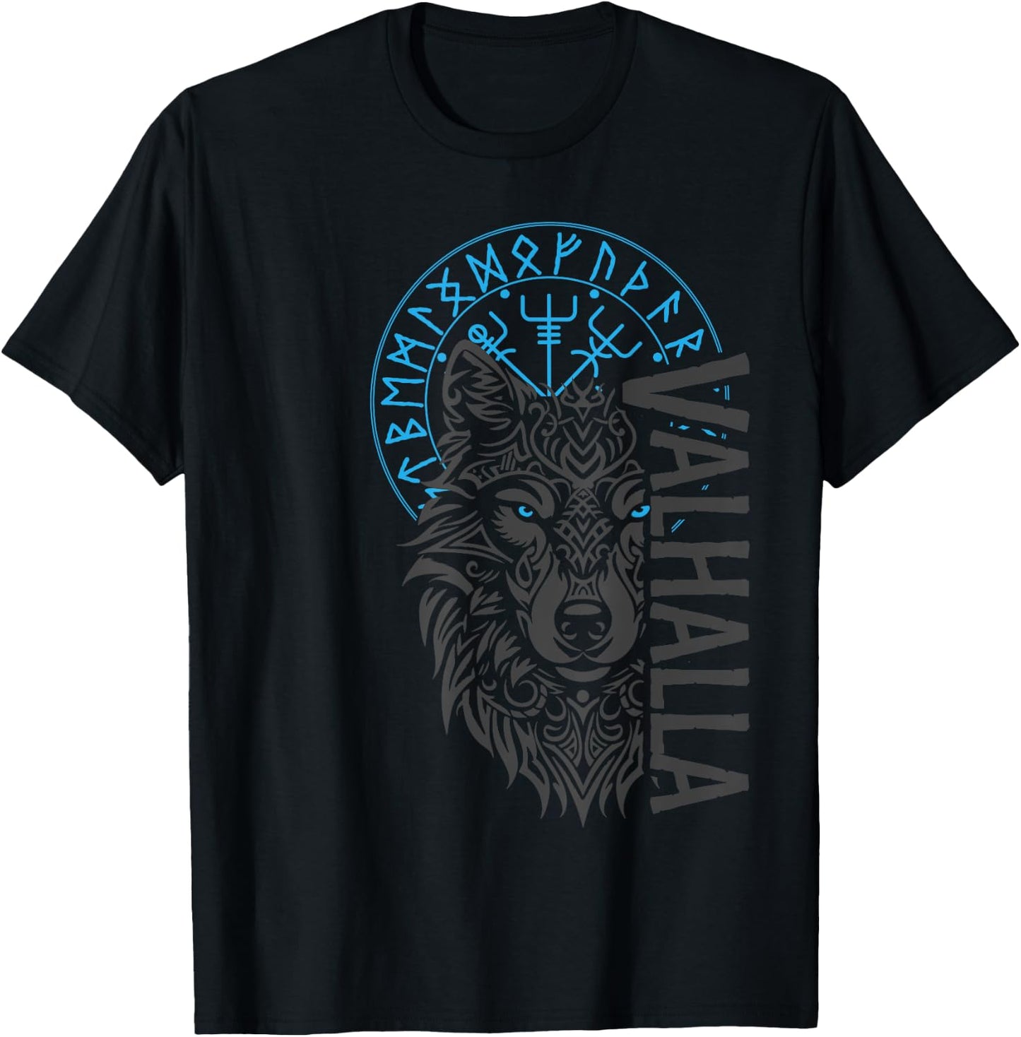 Valhalla & Viking Compass - Nordic Wolf Design , Small, Black T-Shirt - T-Shirt | Black