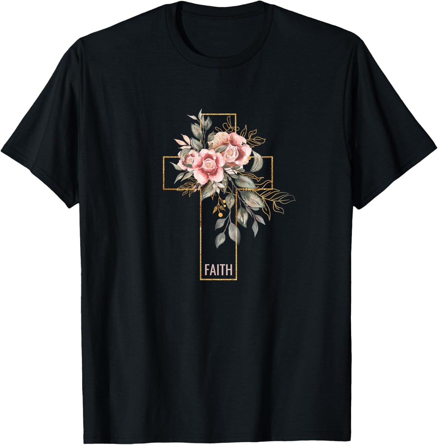 Faith Flowers and Cross Design Christian Believer T-Shirt - T-Shirt | Black
