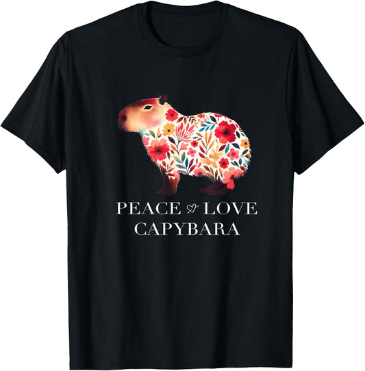 Capybara South American Rodent Floral Wildlife T-Shirt - T-Shirt | Black