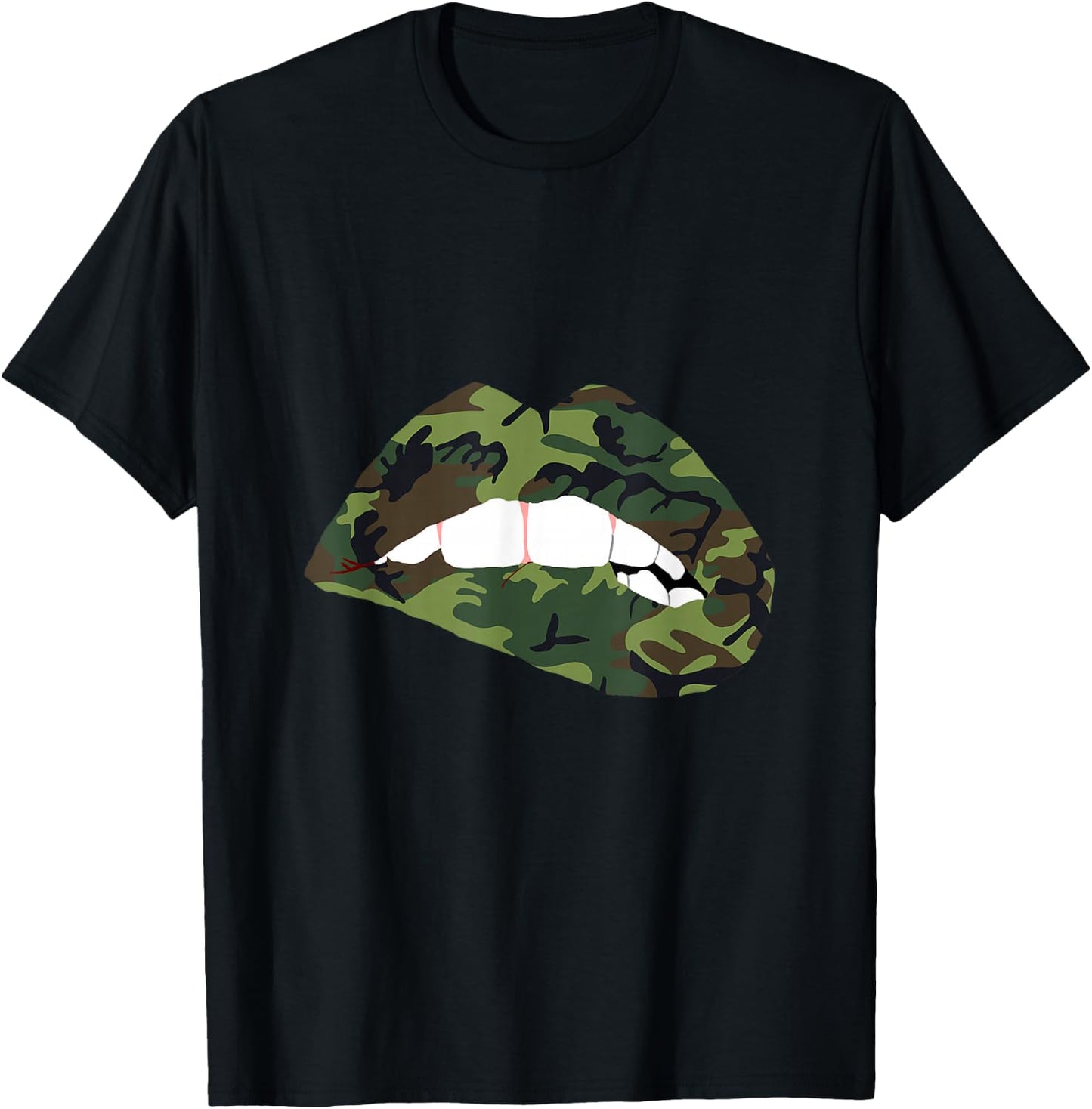 Camouflage Lips Mouth Military Kiss Me Biting Camo Kissing Small T-Shirt - T-Shirt | Black