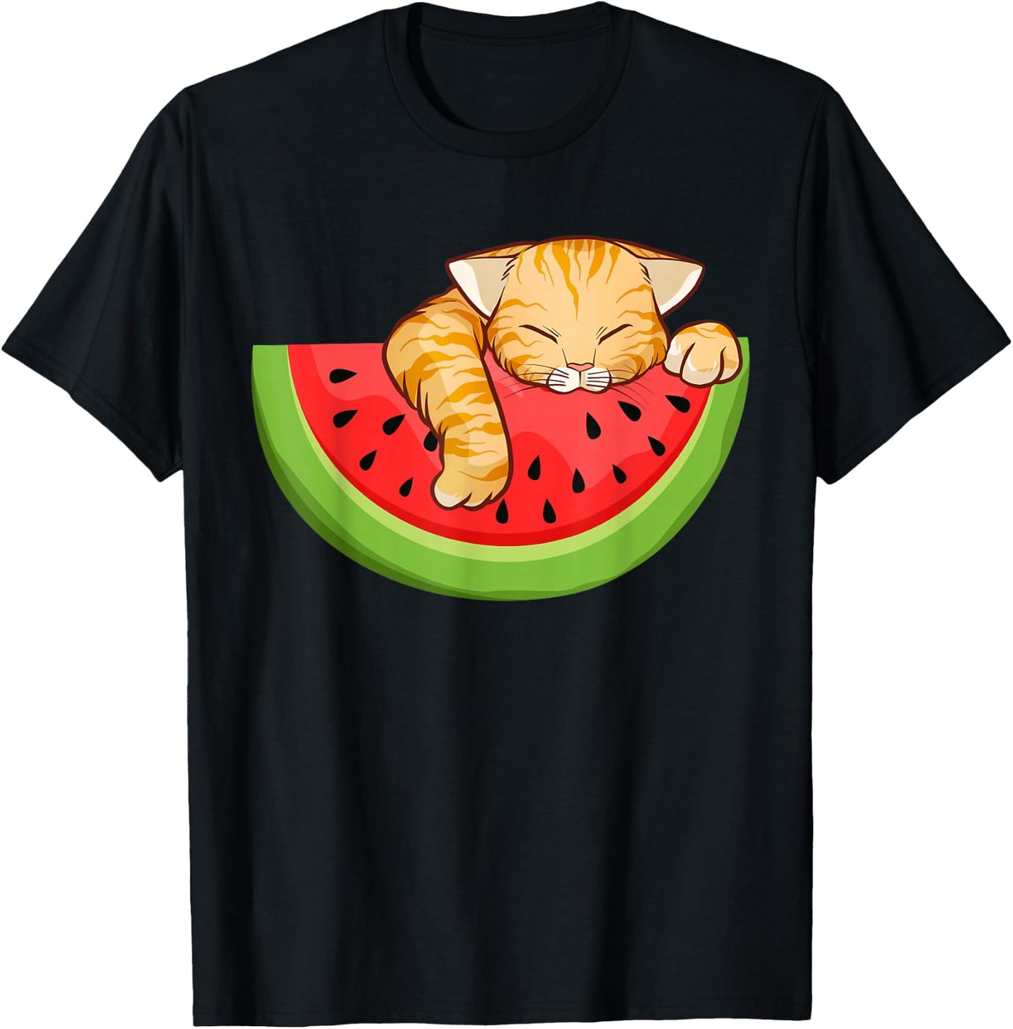 Cute Cat Eating Watermelon Fruit Summer Men Women Girls T-Shirt - T-Shirt | Black