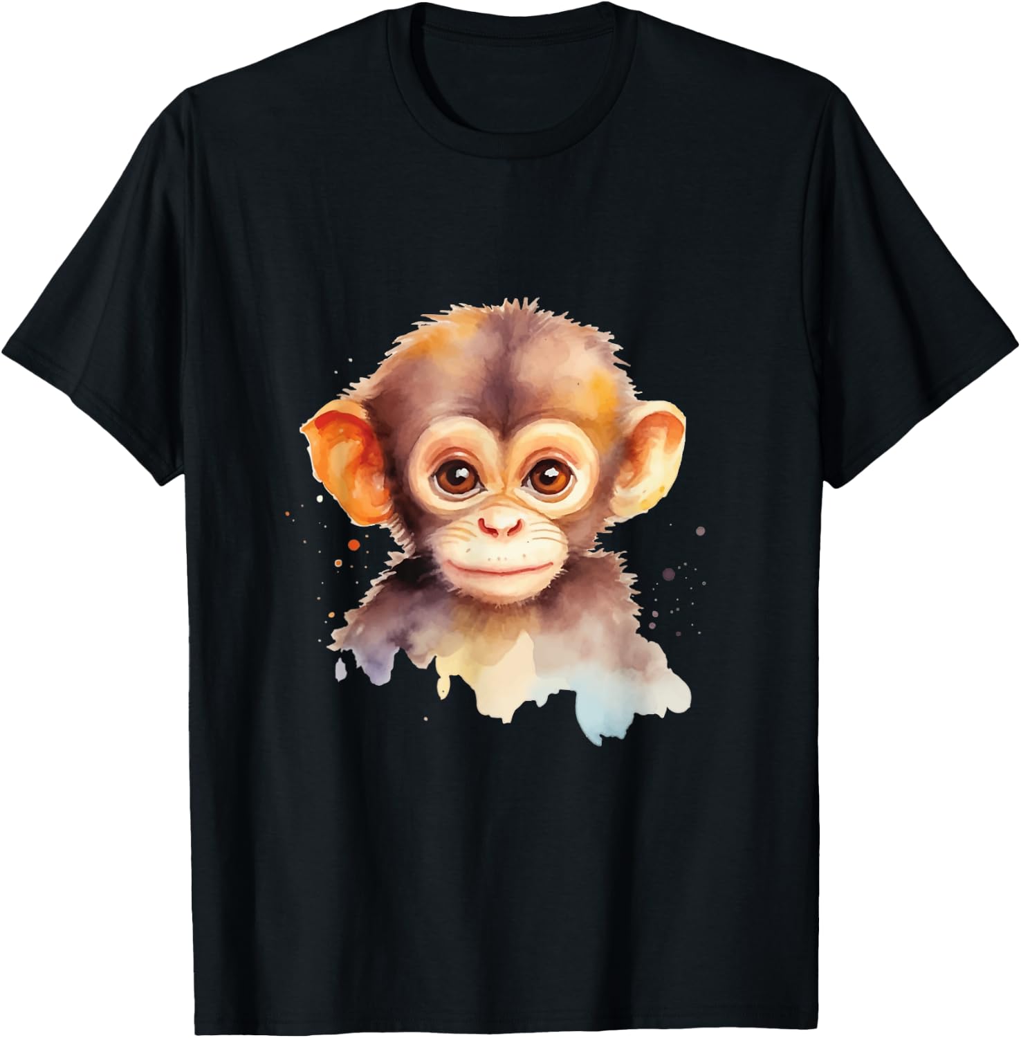 Baby Monkey Watercolor Portrait Chimp Ape Graphic T-Shirt - T-Shirt | Black